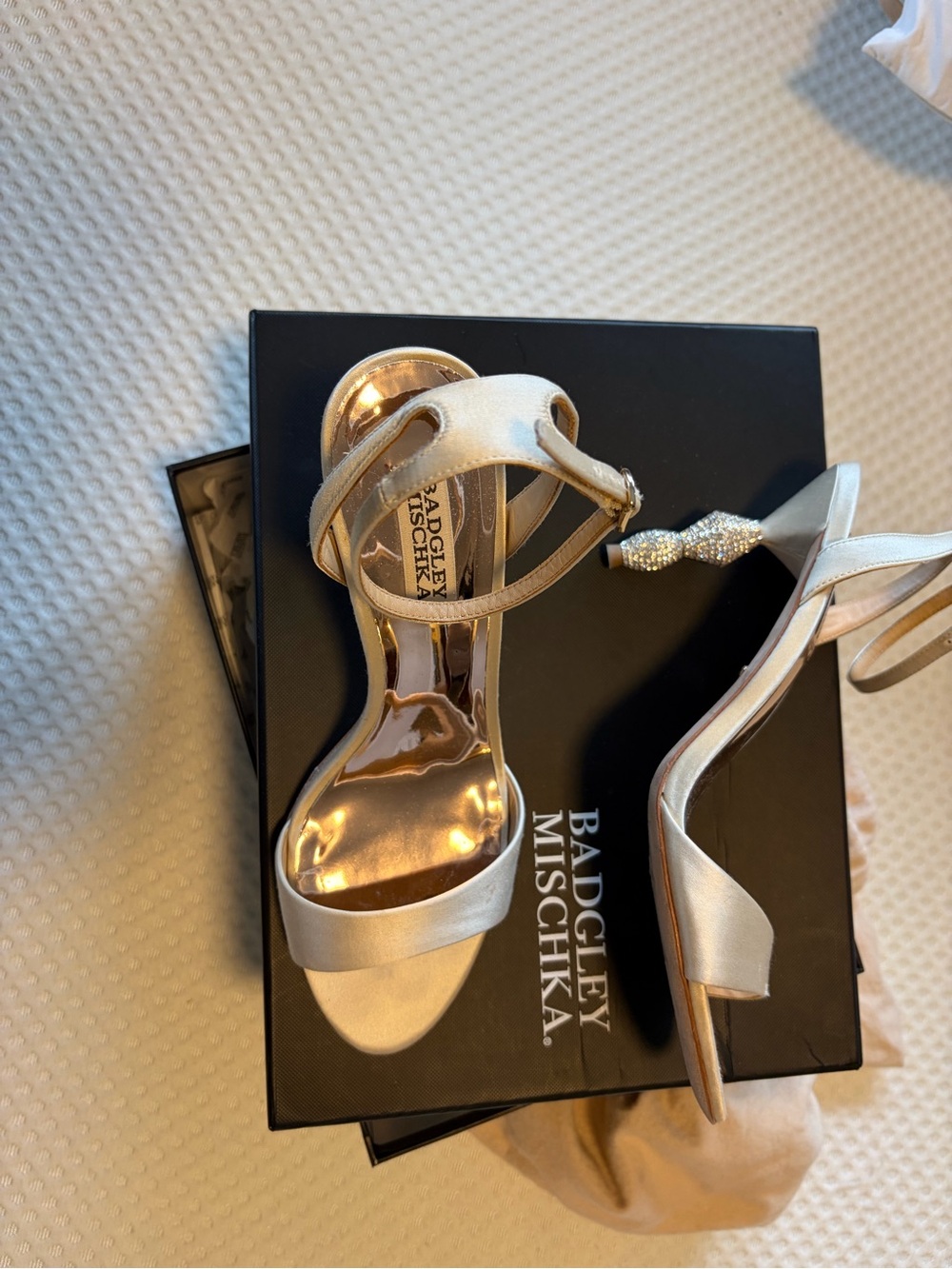 Badgley Mischka Champagne Satin Embellished Heel Sandals - Picture 3 of 5